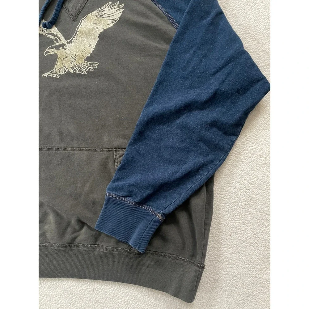 American Eagle Mens XL Hoodie Gray Blue Distressed Eagle Graphic Raglan Pullover